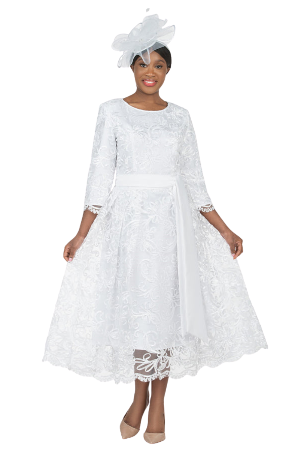 Long Slv Lux Lace A-line Dress w/ Belt - Plus