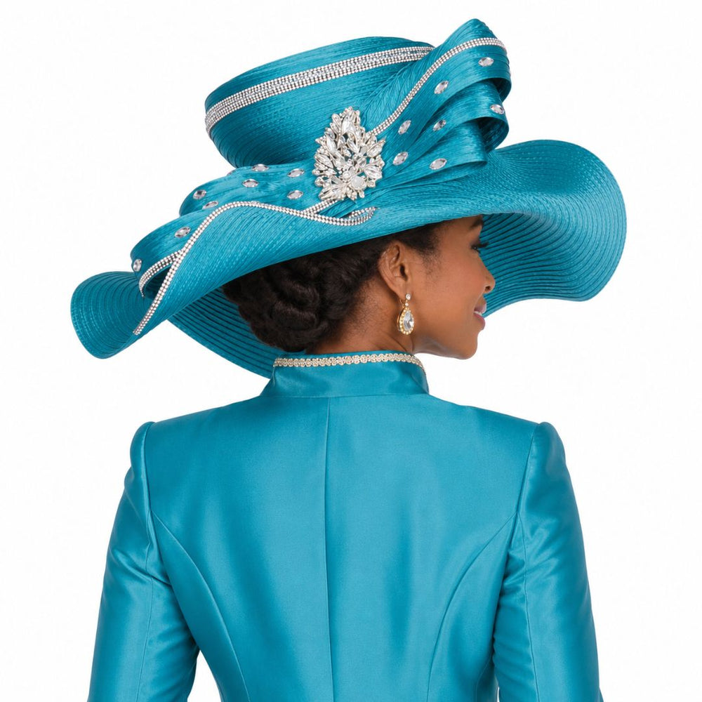 Champagne Italy Elegant Turquoise Wide Brim Church Hat with Rhinestone Brooch - Especially Yours