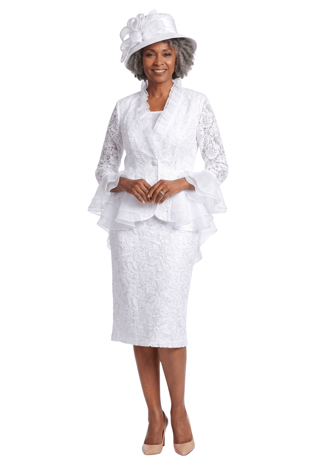 3pc Lace Suit w/ Ruffled Neckline & Organza Trim - Especially Yours