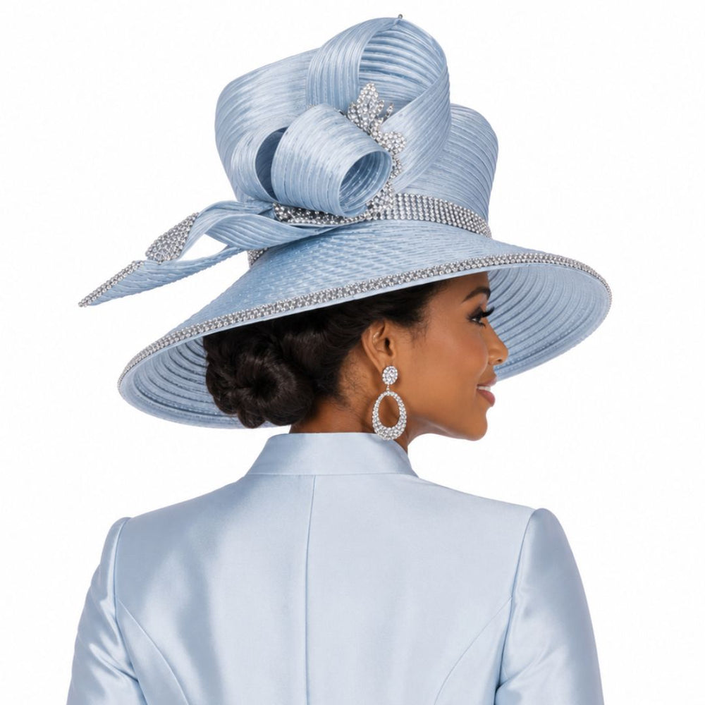 Champagne Italy Sky Blue Bow - Accent Wide Brim Church Hat with Rhinestones H6261 - Especially Yours