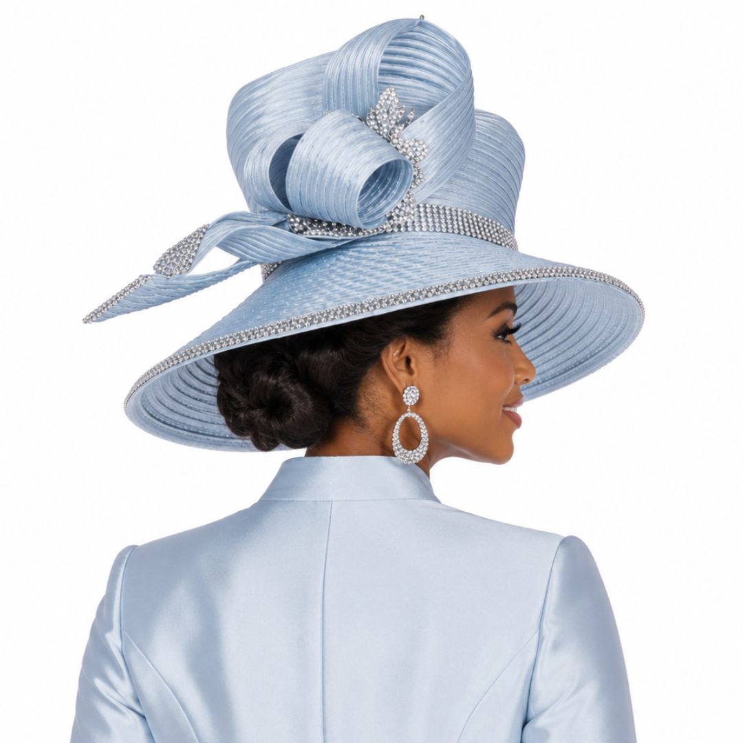 Champagne Italy Sky Blue Bow - Accent Wide Brim Church Hat with Rhinestones H6261 - Especially Yours