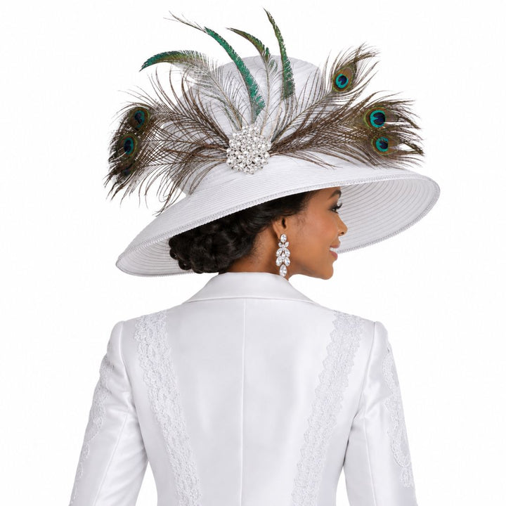 Champagne Italy White Wide - Brim Church Hat with Peacock Feather Accents H6266 - Especially Yours