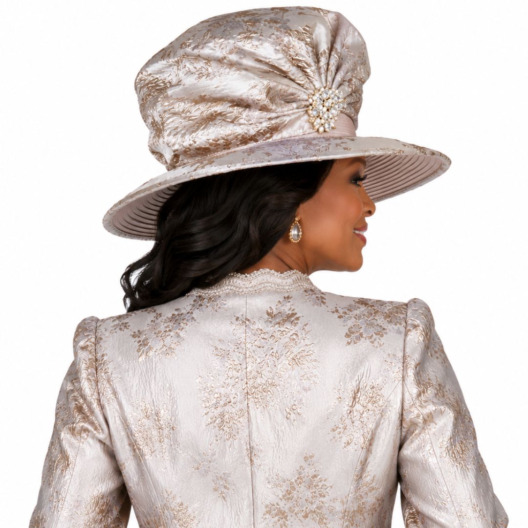 Elegant Champagne Brocade Church Hat with Beaded Floral Accent - Especially Yours