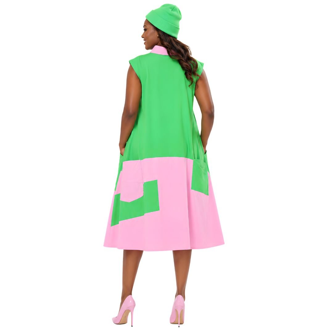 Sleeveless Color Block Green/Pink Short Dress - Especially Yours