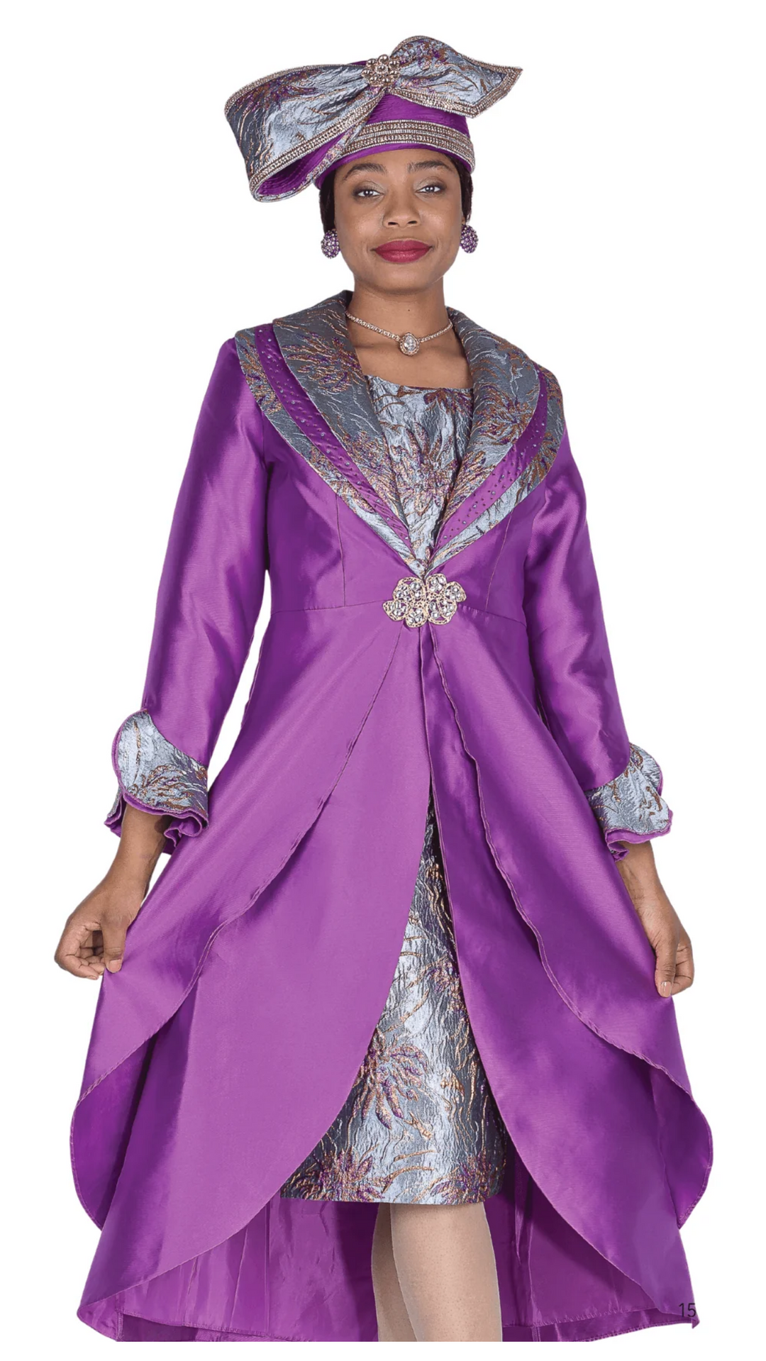 Elite Champagne 6160-PU Purple Brocade Duster Dress Suit with Shawl Collar
