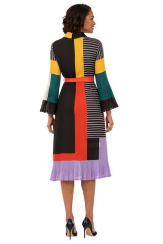 Artistic Colorblock Pleated Shirt Dress with Belt