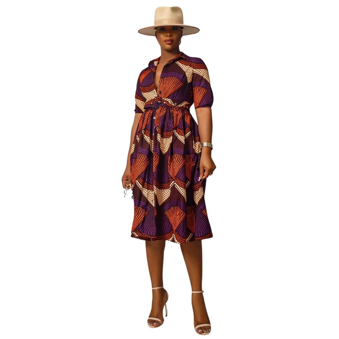 MOREMI AFRICAN PRINT BUTTON DOWN DRESS [PURPLE] - Especially Yours