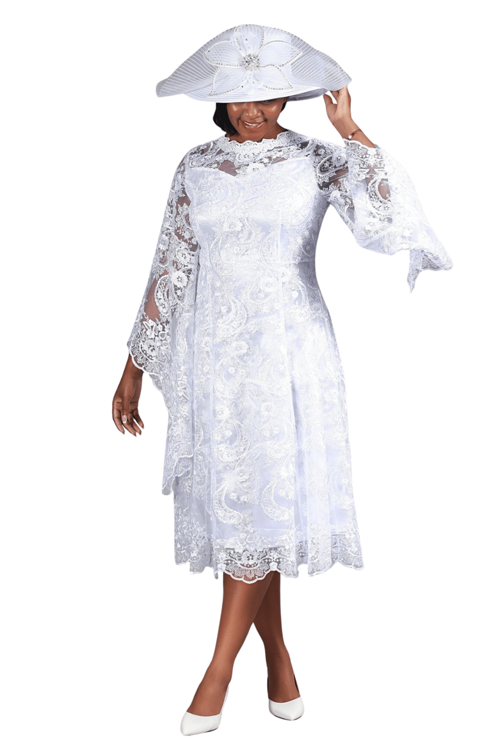 White Lace A - Line Dress with Draped Sheer Sleeves - Especially Yours