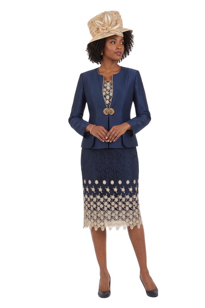 3pc Silk Twill/Lace Combo Two-tone Skirt Suit