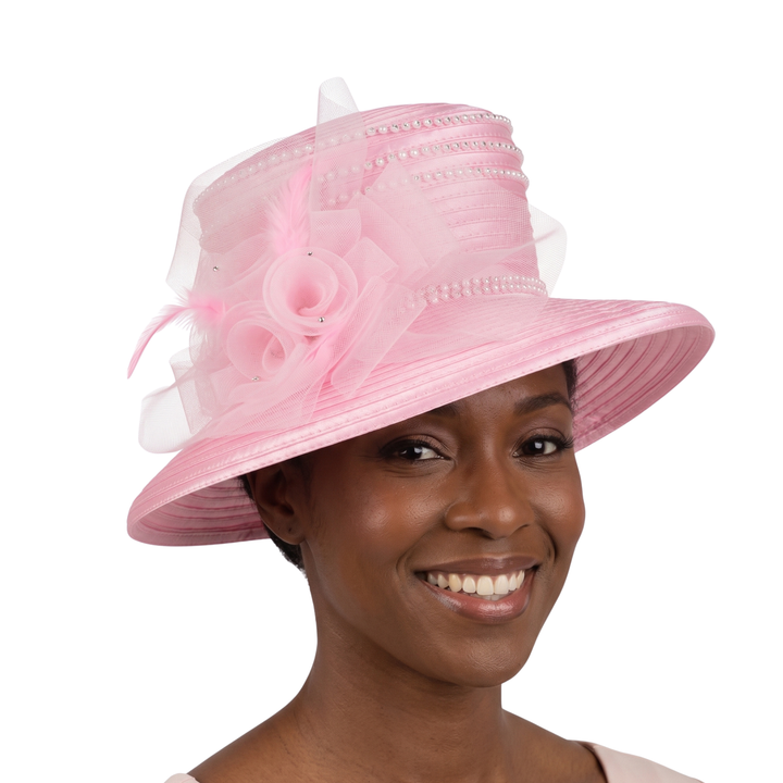 Medium Brim Satin Ribbon Hat w/ Mesh Flower
