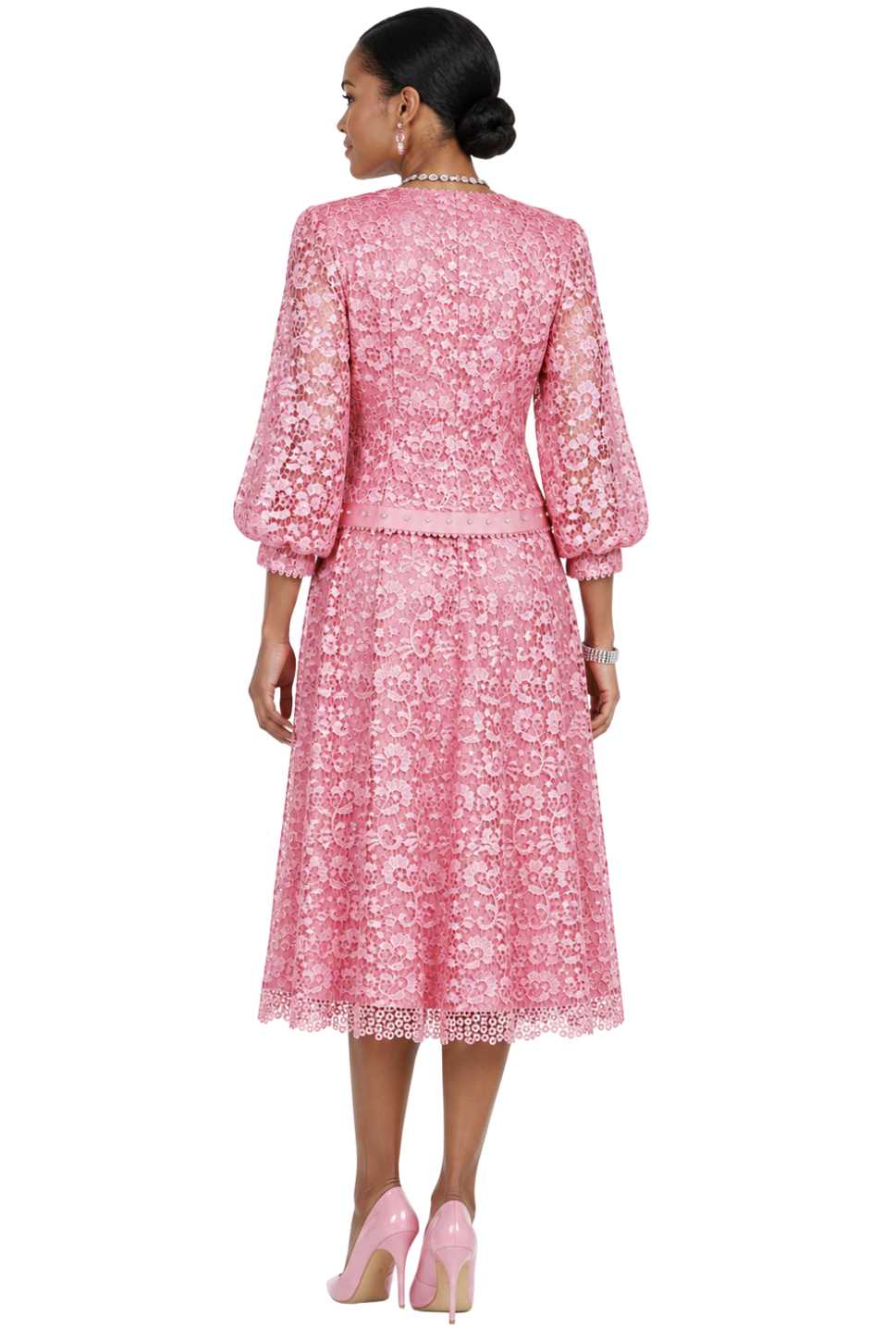 Elegant Fuchsia Lace Midi Dress Jacket with Rhinestone