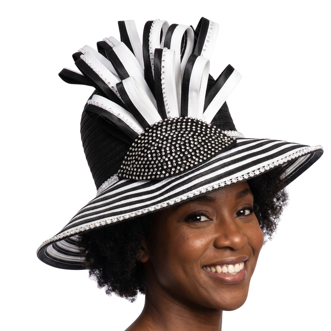 Big Brim Two-tone Hat w/ Rhst and Bouquet Decor