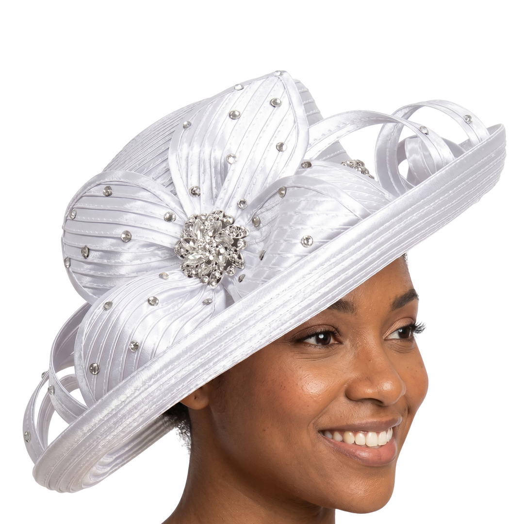 Rhinestone Med Brim Ribbon Hat w/ Flower