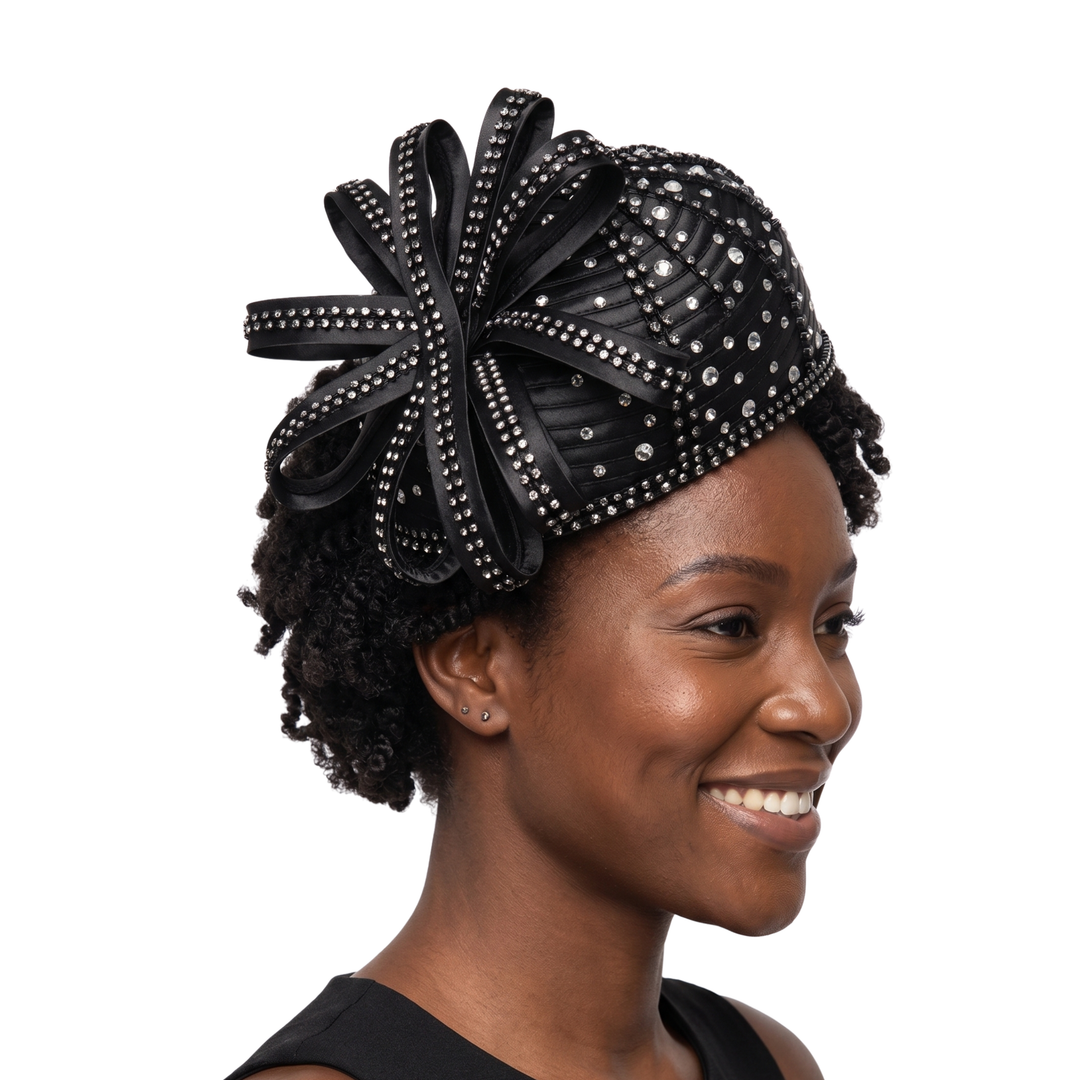 Round Pillbox Hat w/ Flwr Ribbon&Scattered Stones