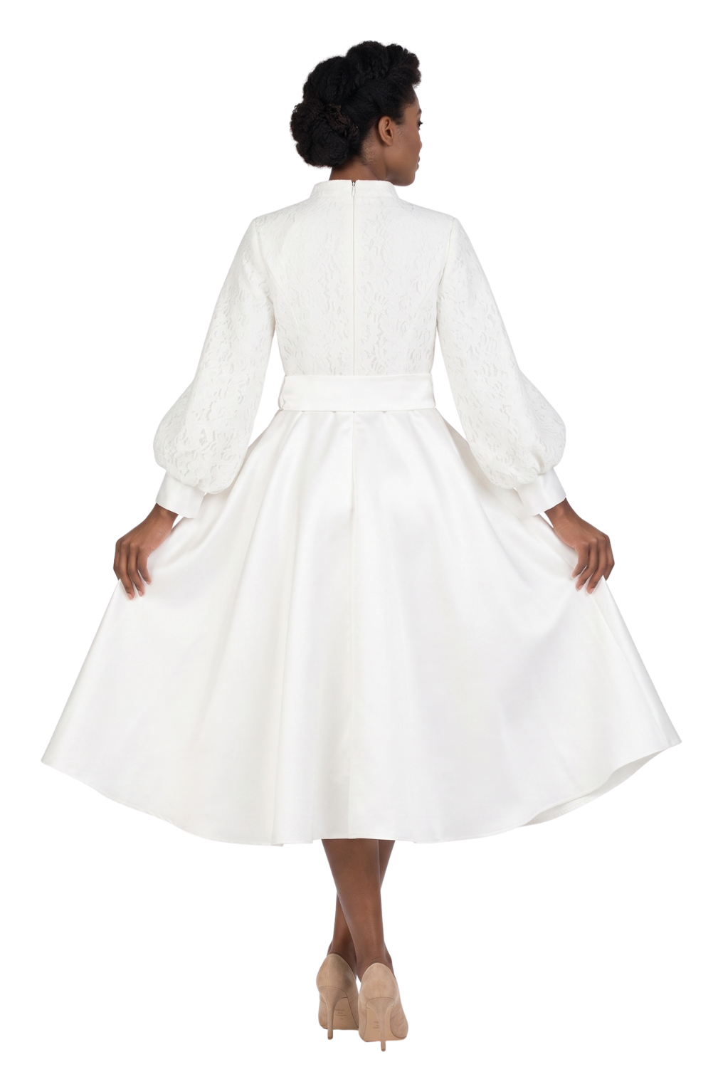 Balloon Slv Lace&Silky Twill A-line Drs w/ Belt