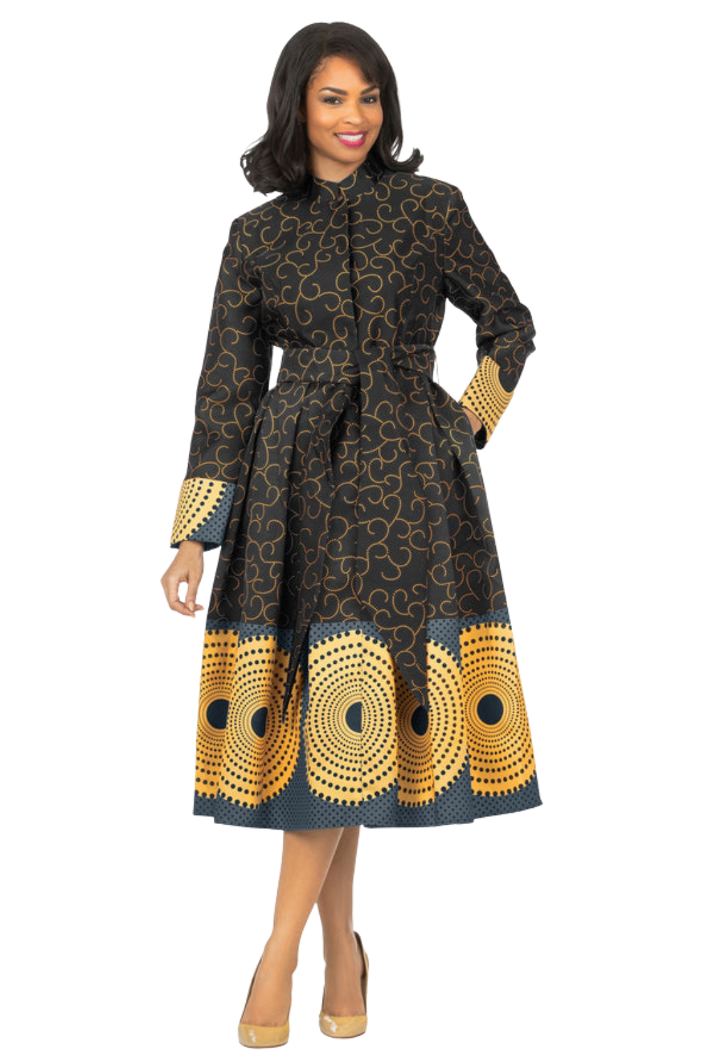1pc Stand Collar A-line Print Dress w/ Belt-Plus