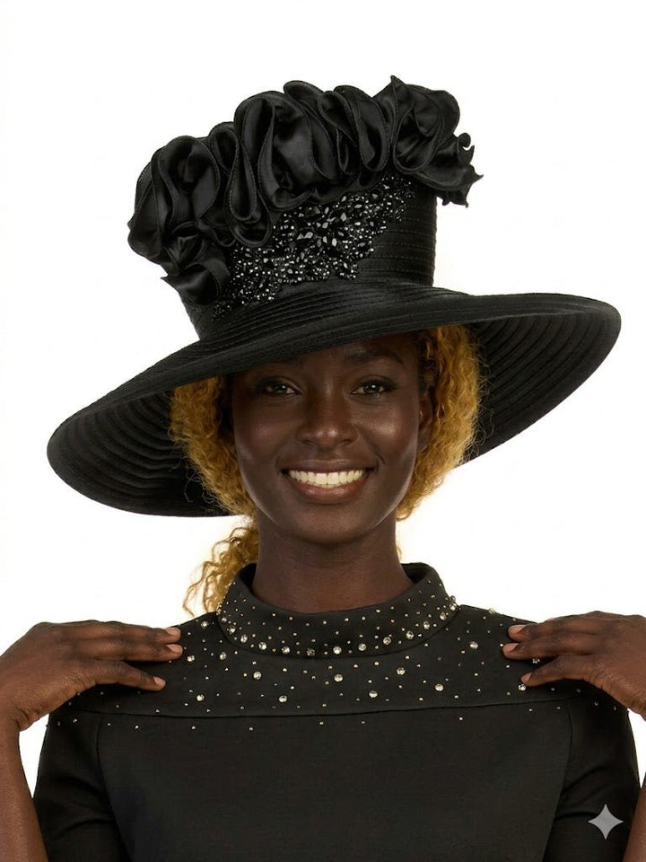 Ruffle Crown Wide Brim Hat w/ Beaded Sparkle Trim - Especially Yours