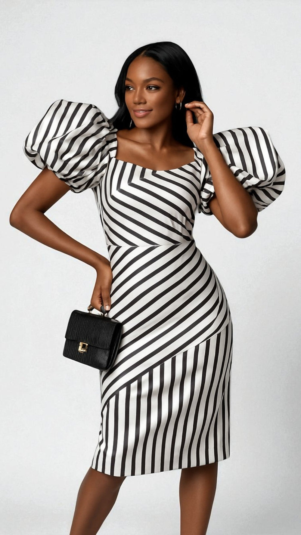 Dramatic Striped Midi Dress with Statement Sleeves - 9758 - Especially Yours