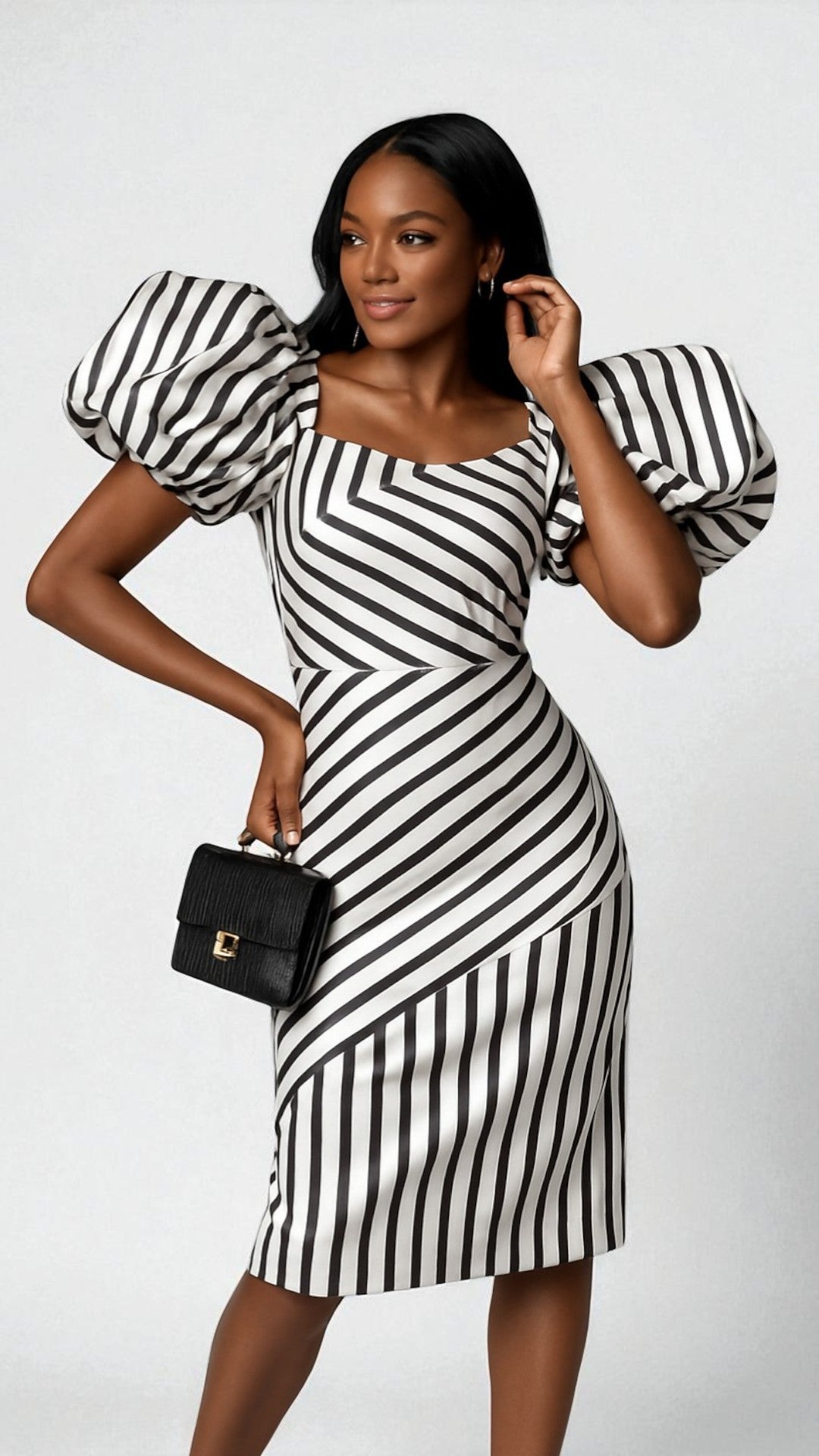 Dramatic Striped Midi Dress with Statement Sleeves - 9758 - Especially Yours