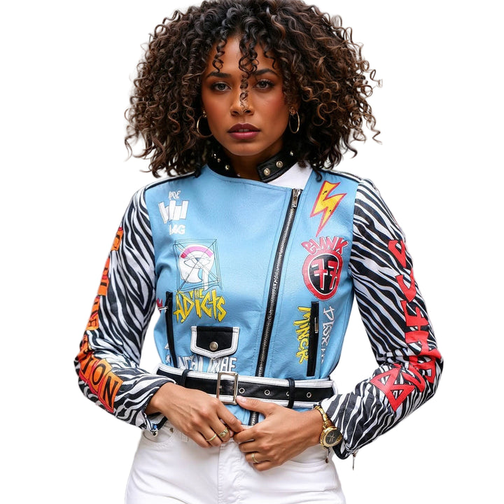 Leather Zebra - Print Moto Jacket with Embroidered Tiger - 81762 - Especially Yours