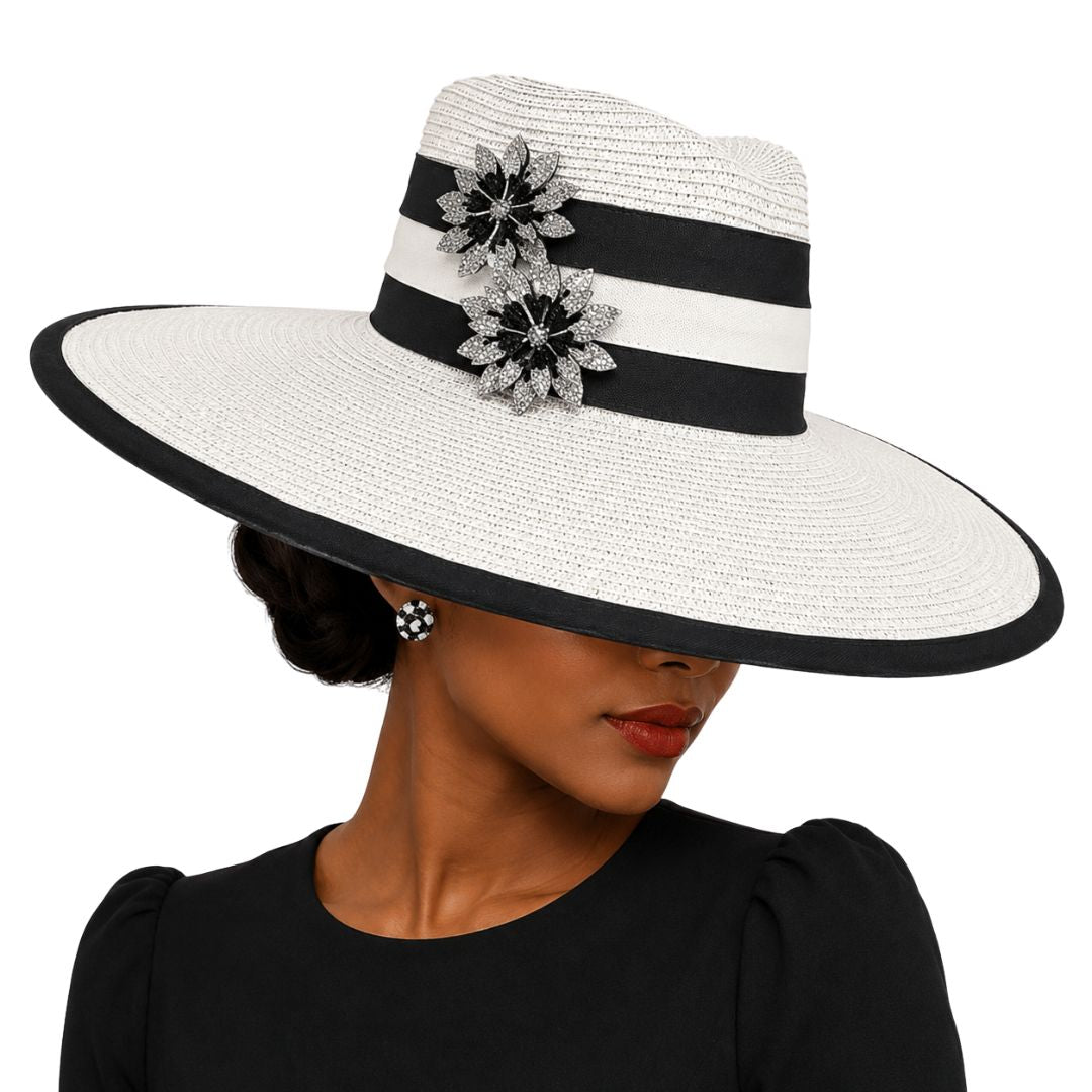 Spectator Black and White Wide Brim Church Hat - Whittall & Shon - Especially Yours