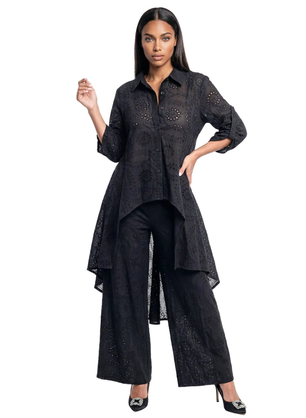 Lisa Rene hi-low tunic pant set embroidered wide-leg look | EY