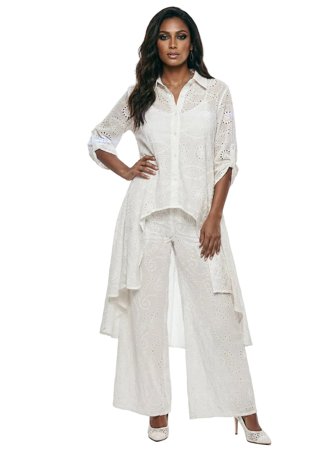 Lisa Rene embroidered hi-low tunic pant set – flowing white cotton style | Especially Yours