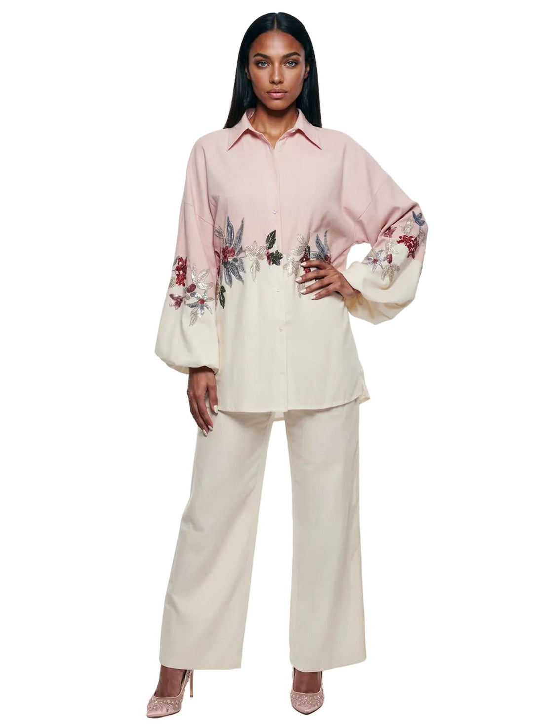 Lisa Rene sequin embroidered tunic set with wide-leg pants | EY