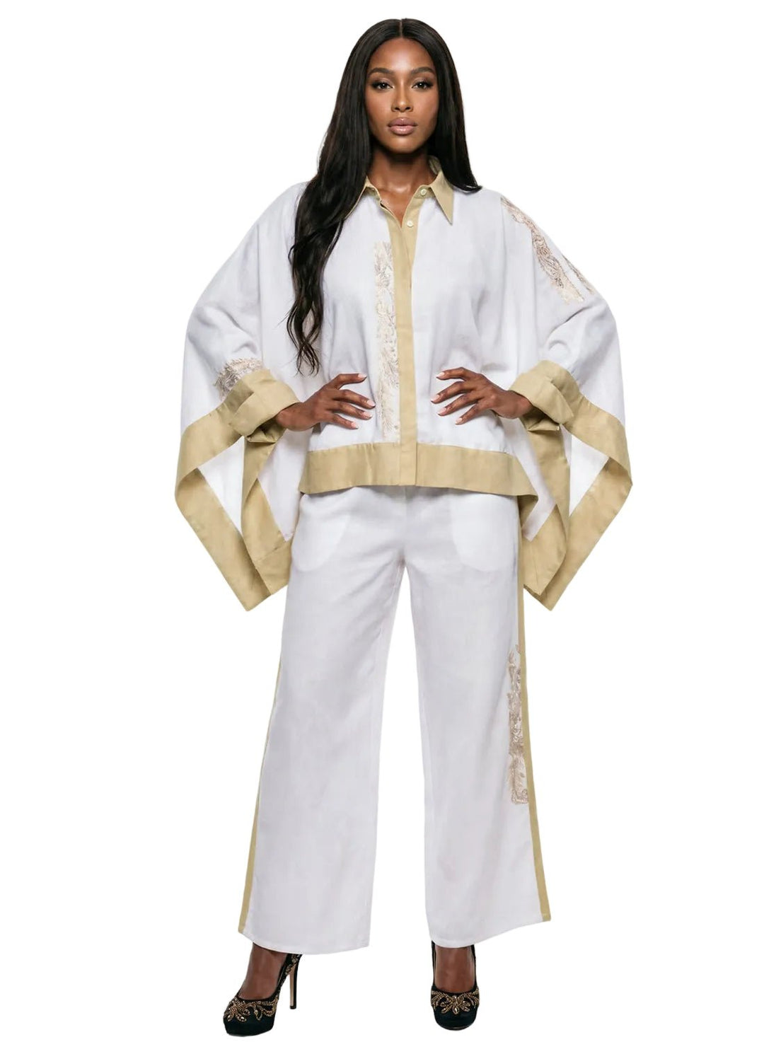embroidered linen tunic pant set Lisa Rene – white 2-piece outfit with champagne trim | Especially Yours