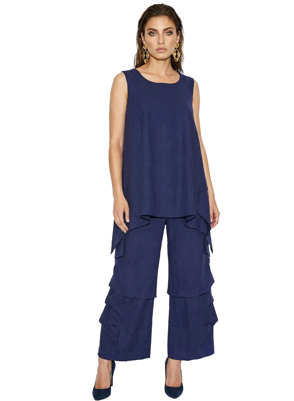 Lisa Rene 2 piece linen viscose tunic and tiered ruffle pant set white | EY