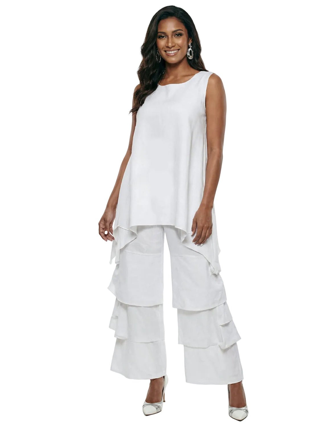 white linen tunic and wide leg pant set Lisa Rene – front view hi-low hem | Especially Yours