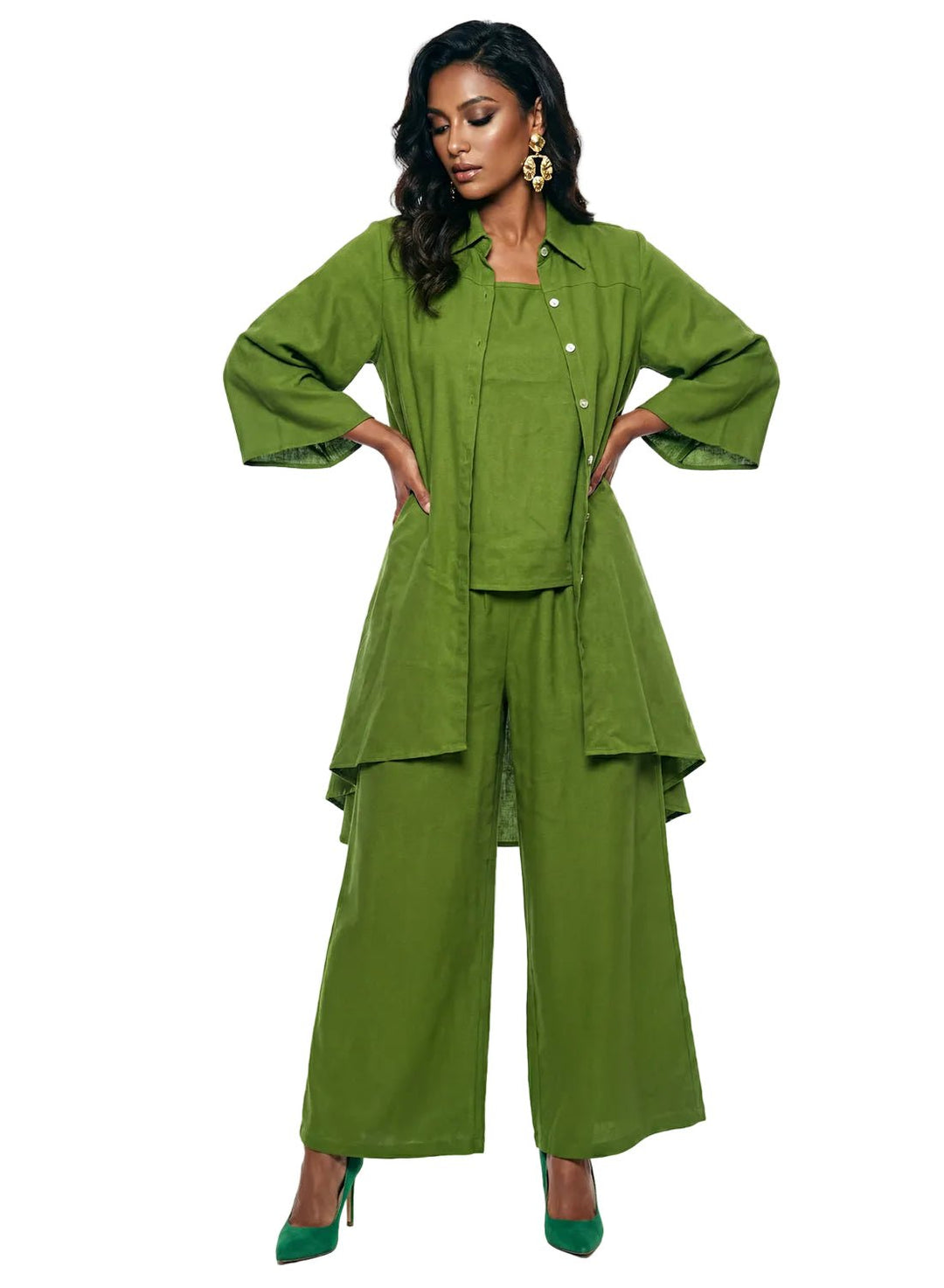 hi-low button front jacket coordinating cami wide leg linen pant Lisa Rene | Especially Yours