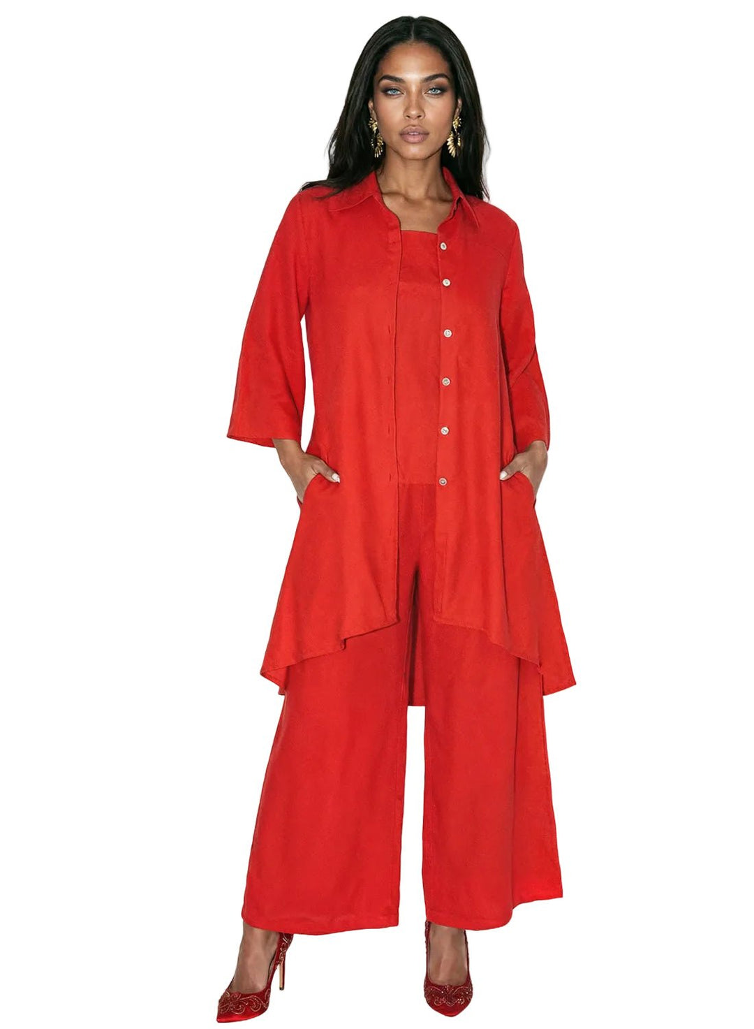 Lisa Rene 3 piece linen viscose hi-low jacket cami pant set available in white red green | EY