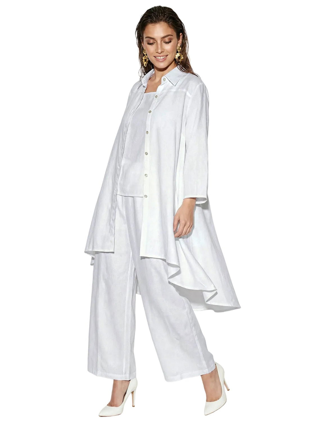 linen 3 piece hi-low jacket cami and wide leg pant set Lisa Rene – white front view | Especially Yours