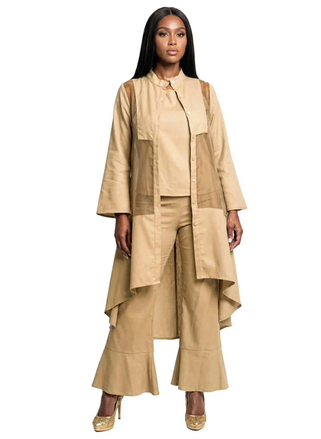 hi-low duster jacket mandarin collar flared pant button hem cami Lisa Rene | Especially Yours