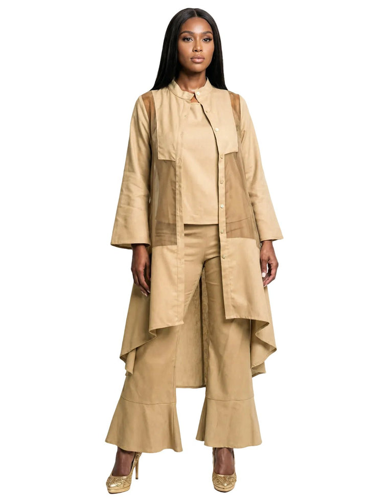 hi-low duster jacket mandarin collar flared pant button hem cami Lisa Rene | Especially Yours