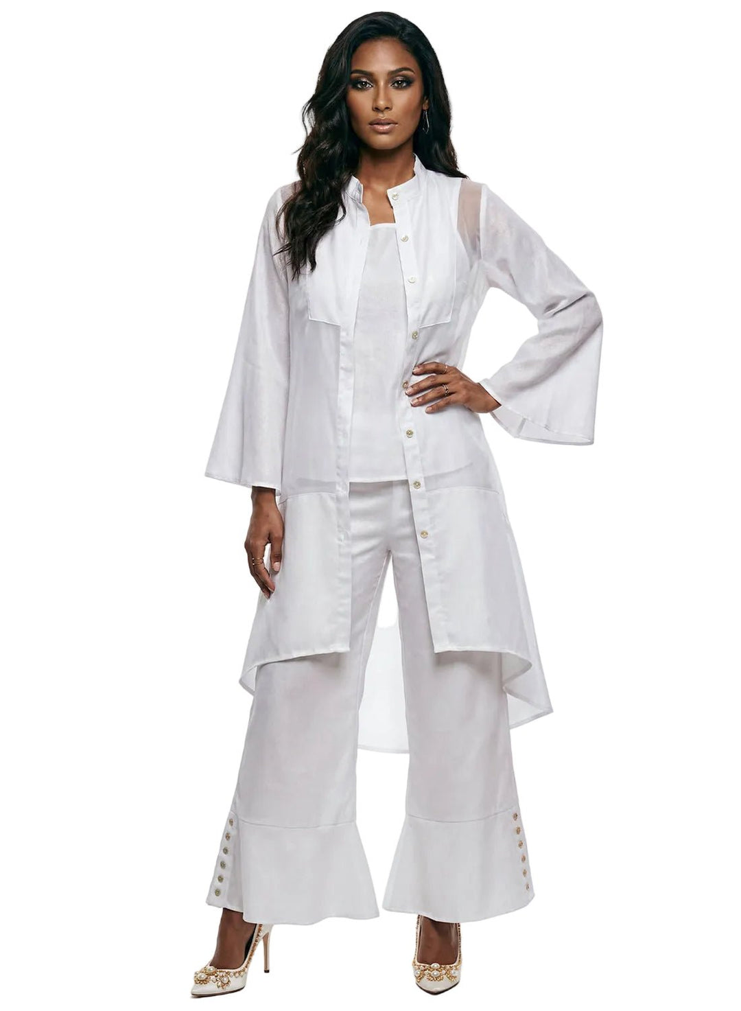 linen 3 piece jacket cami and flared pant set Lisa Rene – white hi-low duster front view | Especially Yours