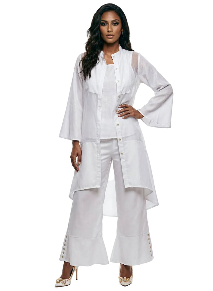 linen 3 piece jacket cami and flared pant set Lisa Rene – white hi-low duster front view | Especially Yours