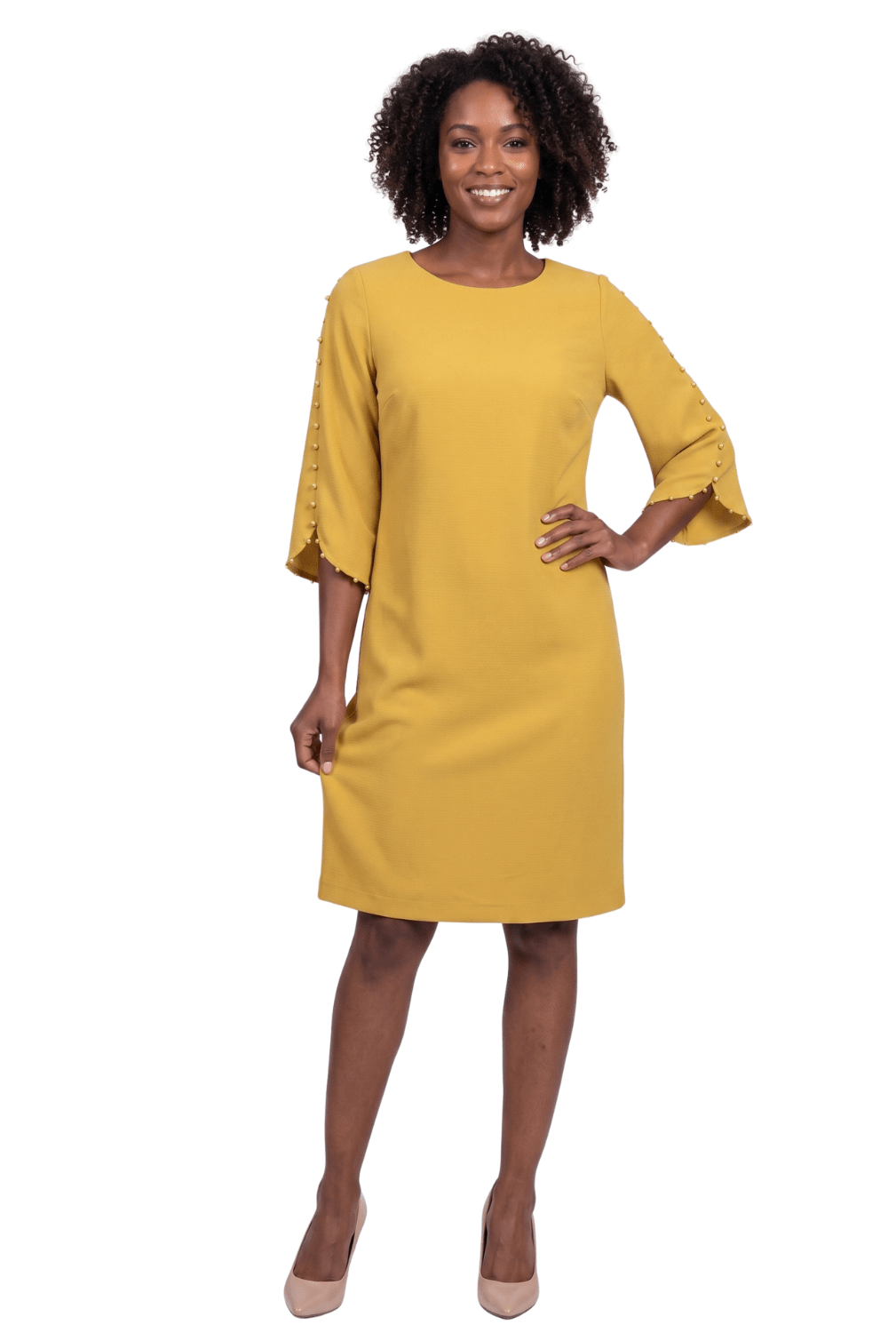 Pearl Trim Bell Sleeve Sheath Dress by Divine Apparel - Especially Yours