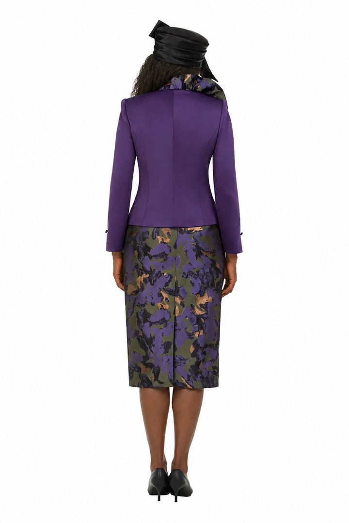 Purple Ruffle Jkt&Floral Brocade Skirt Suit-Plus