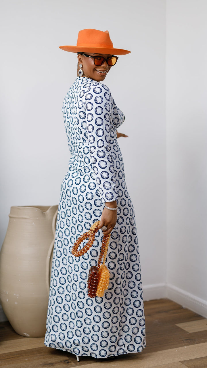 FARIDA AFRICAN PRINT LONG SLEEVE FRONT ZIP MAXI DRESS [WHITE]