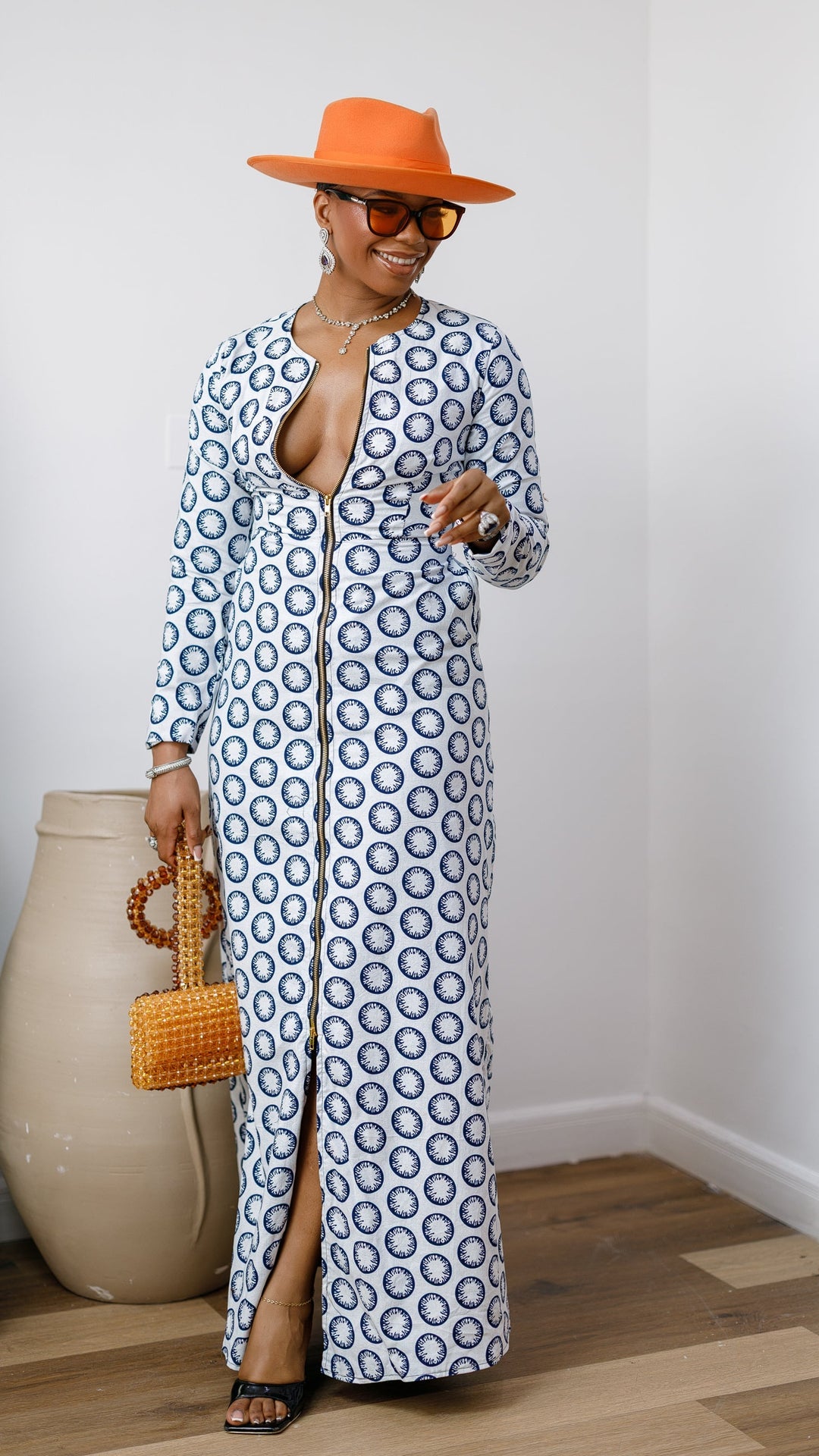 FARIDA AFRICAN PRINT LONG SLEEVE FRONT ZIP MAXI DRESS [WHITE]