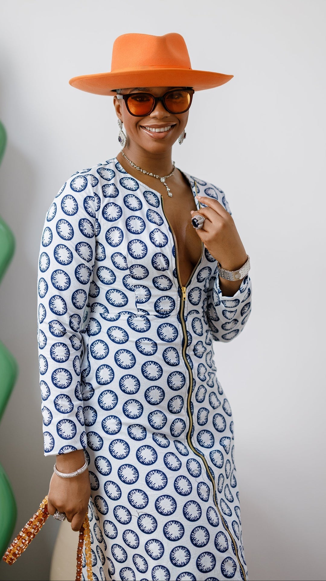 FARIDA AFRICAN PRINT LONG SLEEVE FRONT ZIP MAXI DRESS [WHITE]
