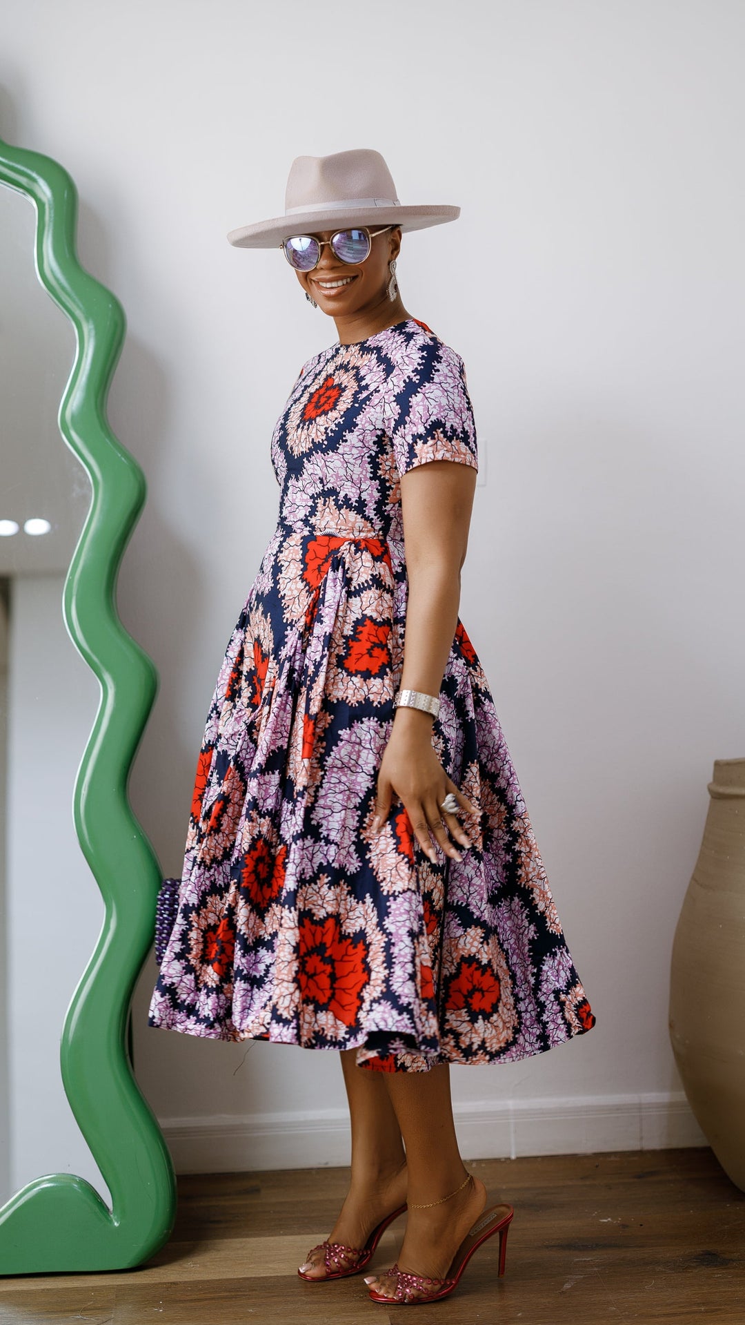 JAYE AFRICAN PRINT FIT-AND-FLARE MIDI DRESS [ORANGE]