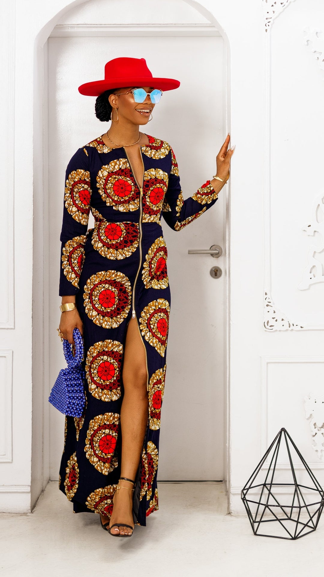 FARIDA AFRICAN PRINT LONG SLEEVE FRONT ZIP MAXI DRESS [RED]
