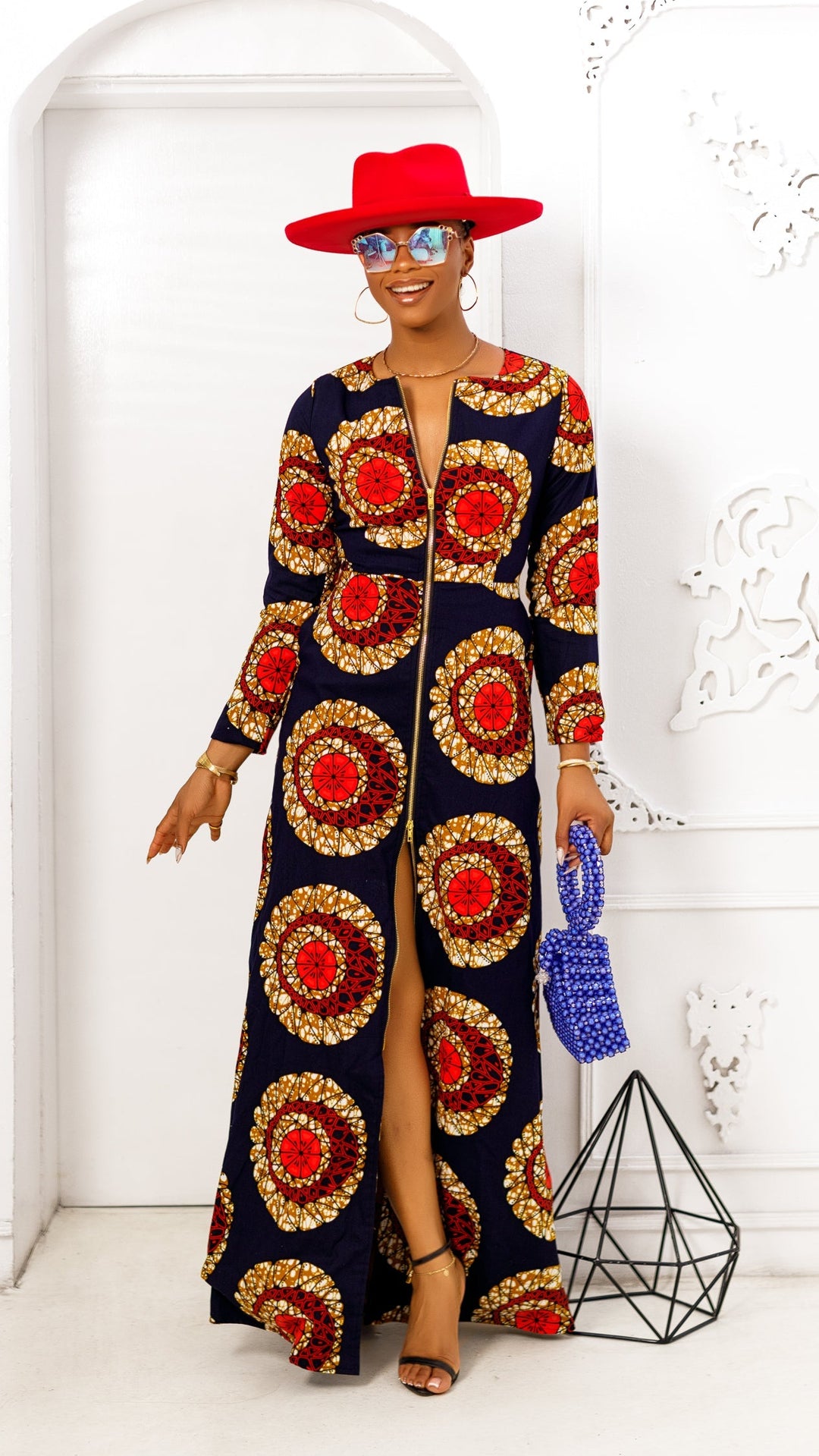 FARIDA AFRICAN PRINT LONG SLEEVE FRONT ZIP MAXI DRESS [RED]