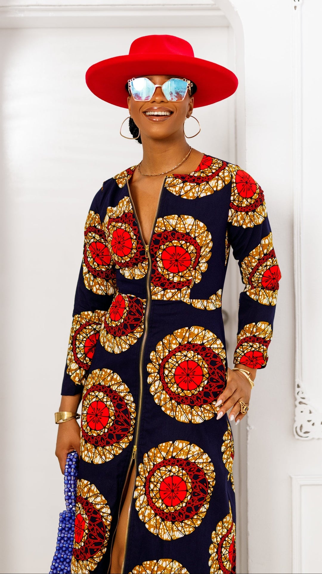 FARIDA AFRICAN PRINT LONG SLEEVE FRONT ZIP MAXI DRESS [RED]