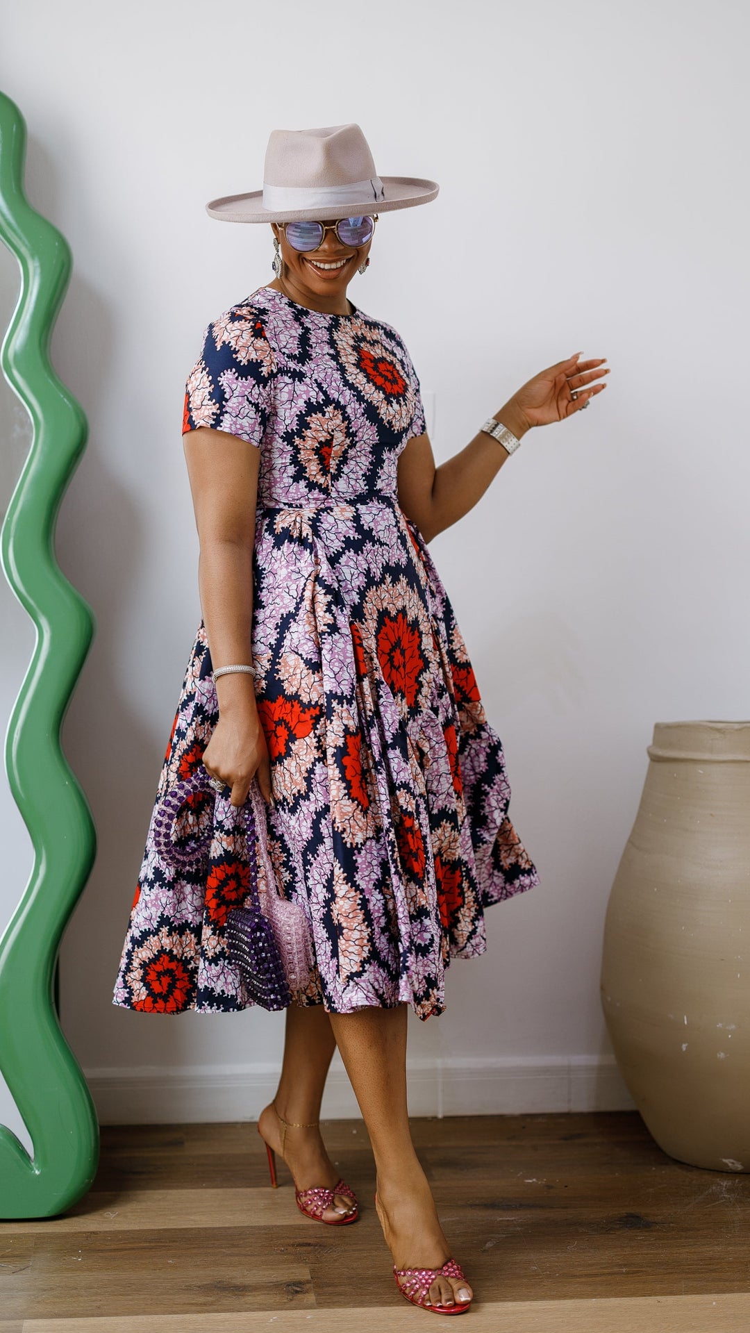 JAYE AFRICAN PRINT FIT-AND-FLARE MIDI DRESS [ORANGE]