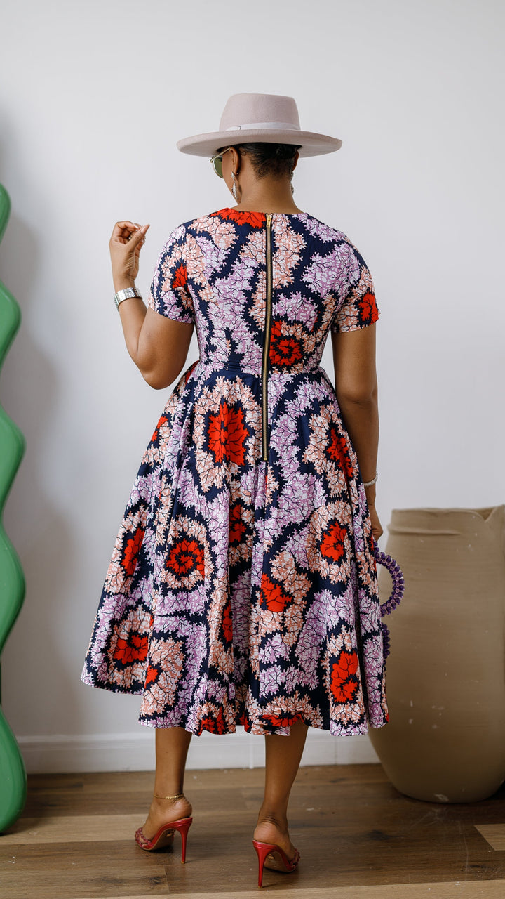 JAYE AFRICAN PRINT FIT-AND-FLARE MIDI DRESS [ORANGE]