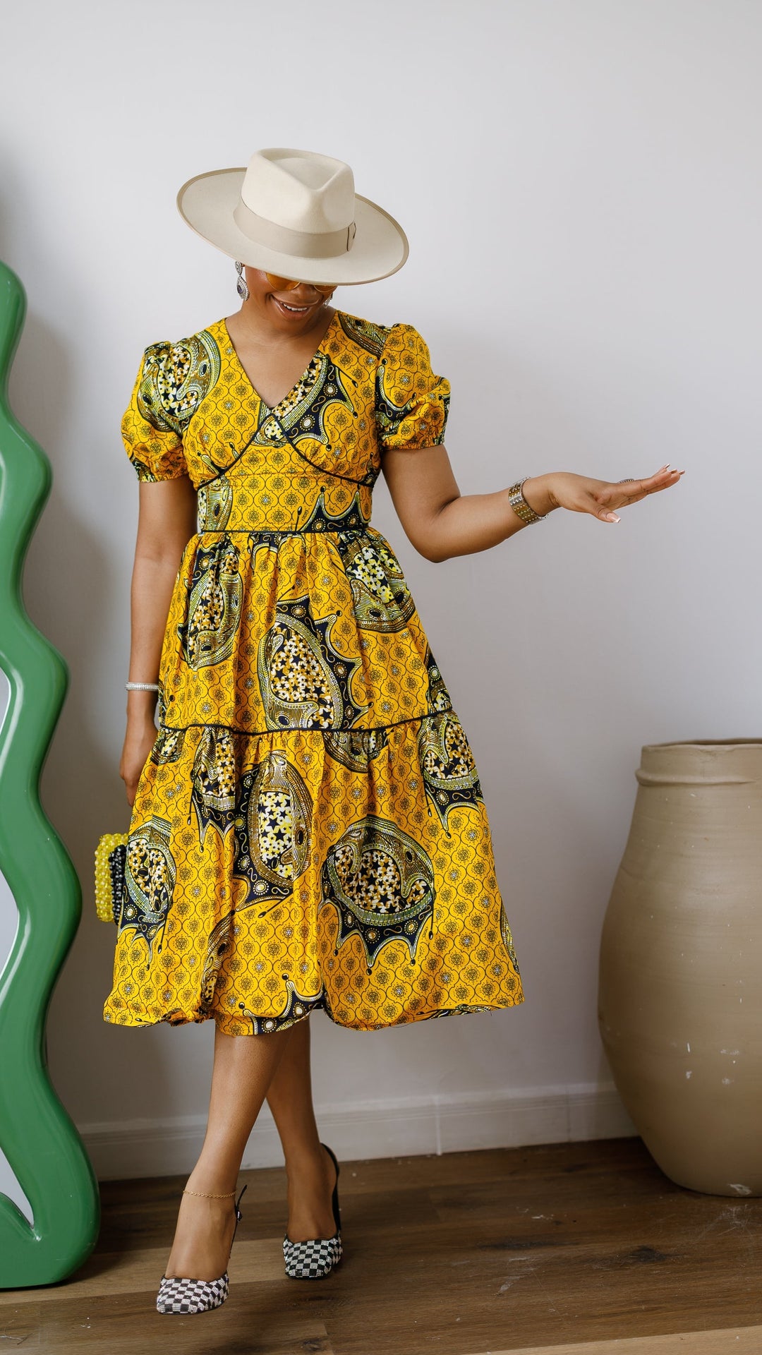 AYO AFRICAN PRINT PUFF-SLEEVE TIERED MIDI DRESS